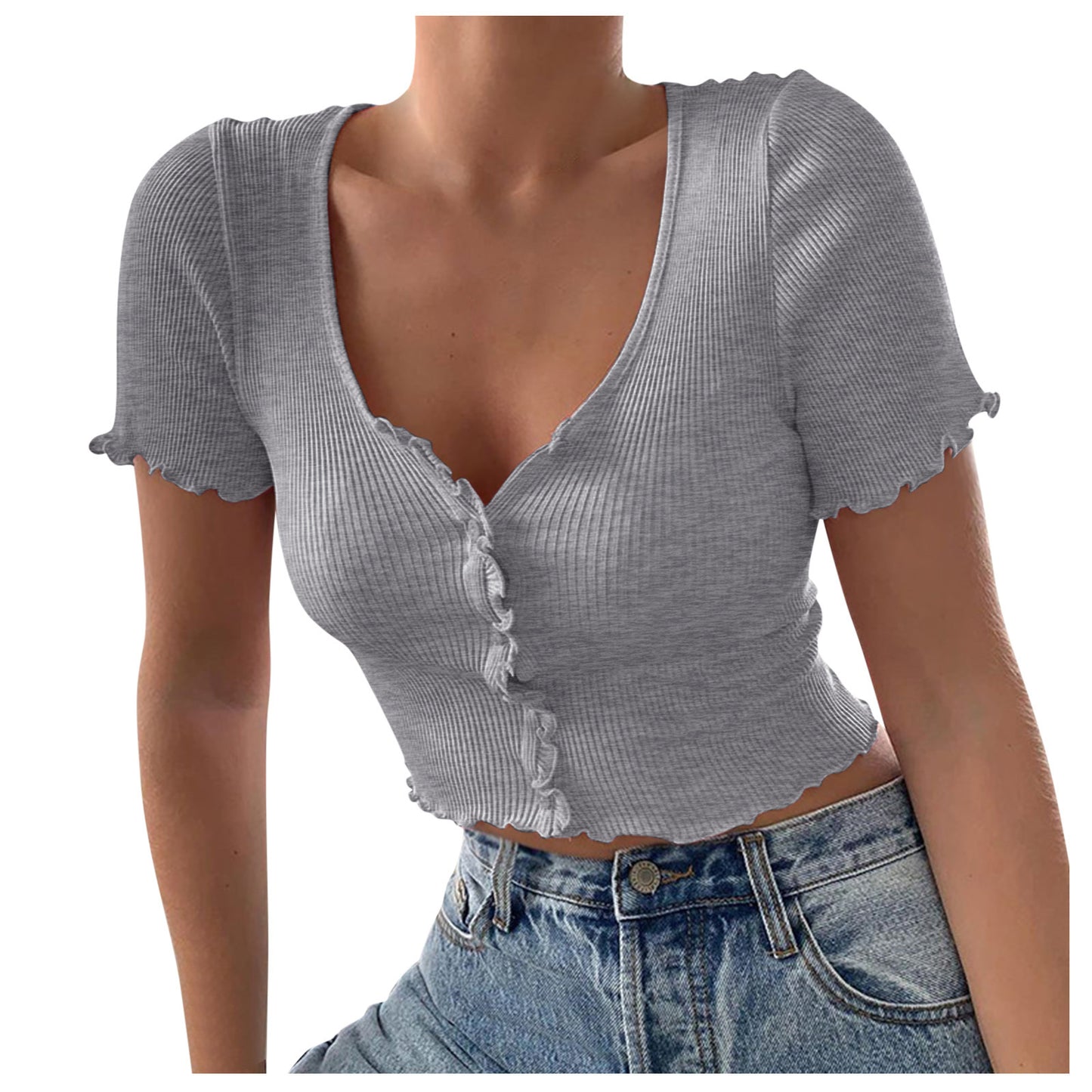 V Neck Cute Sleeve Crop Top